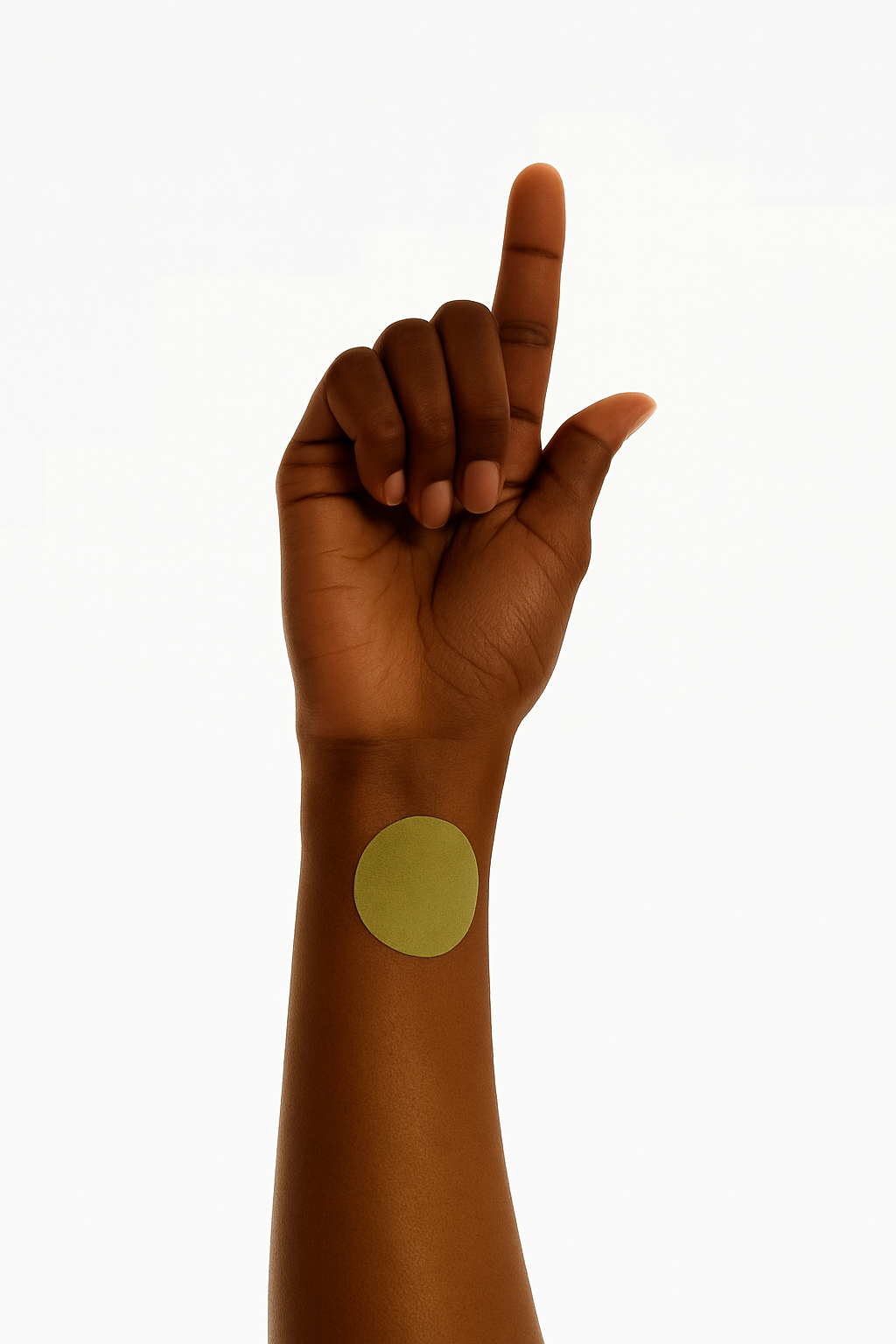Hand showing yellow dopamine patch placement on wrist for wellness support