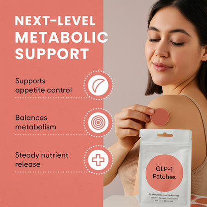 Woman applying GLP-1 patch for next-level metabolic support, appetite control, and balanced metabolism with steady nutrient release