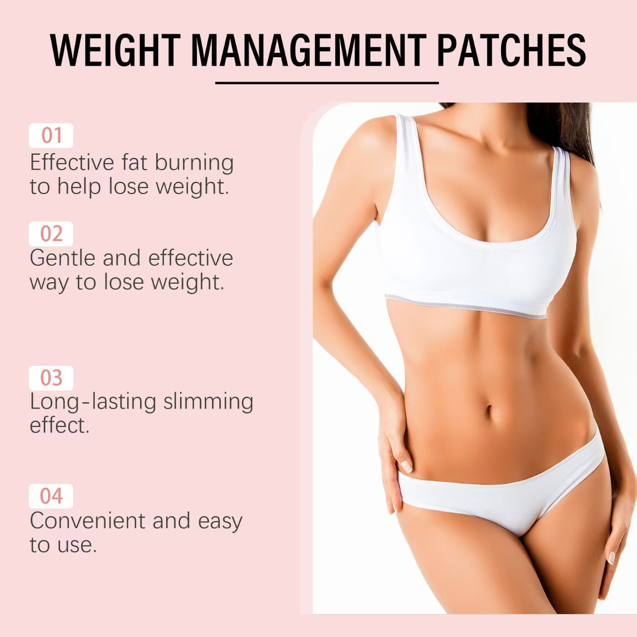 Weight management patches benefits infographic with fit woman in white sports bra